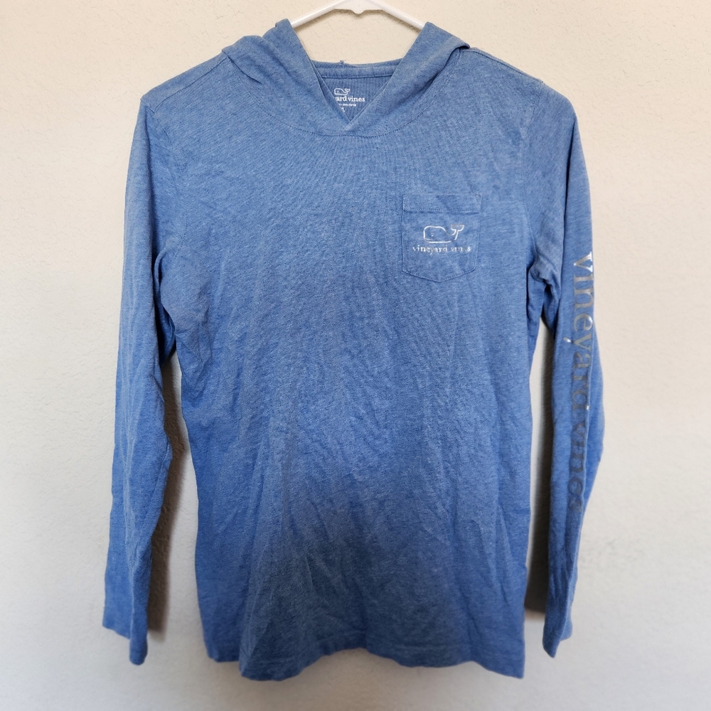 VINEYARD VINES Kids Blue Hooded Long Sleeve Tee Pocket Cotton Unisex Sz XL EUC
